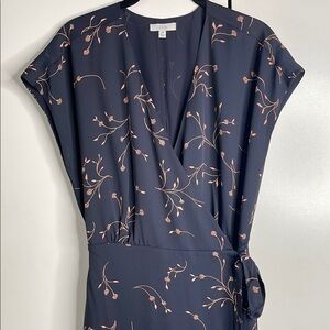 Navy blue & pink floral asymmetrical dress,slight upper back opening & V neck.